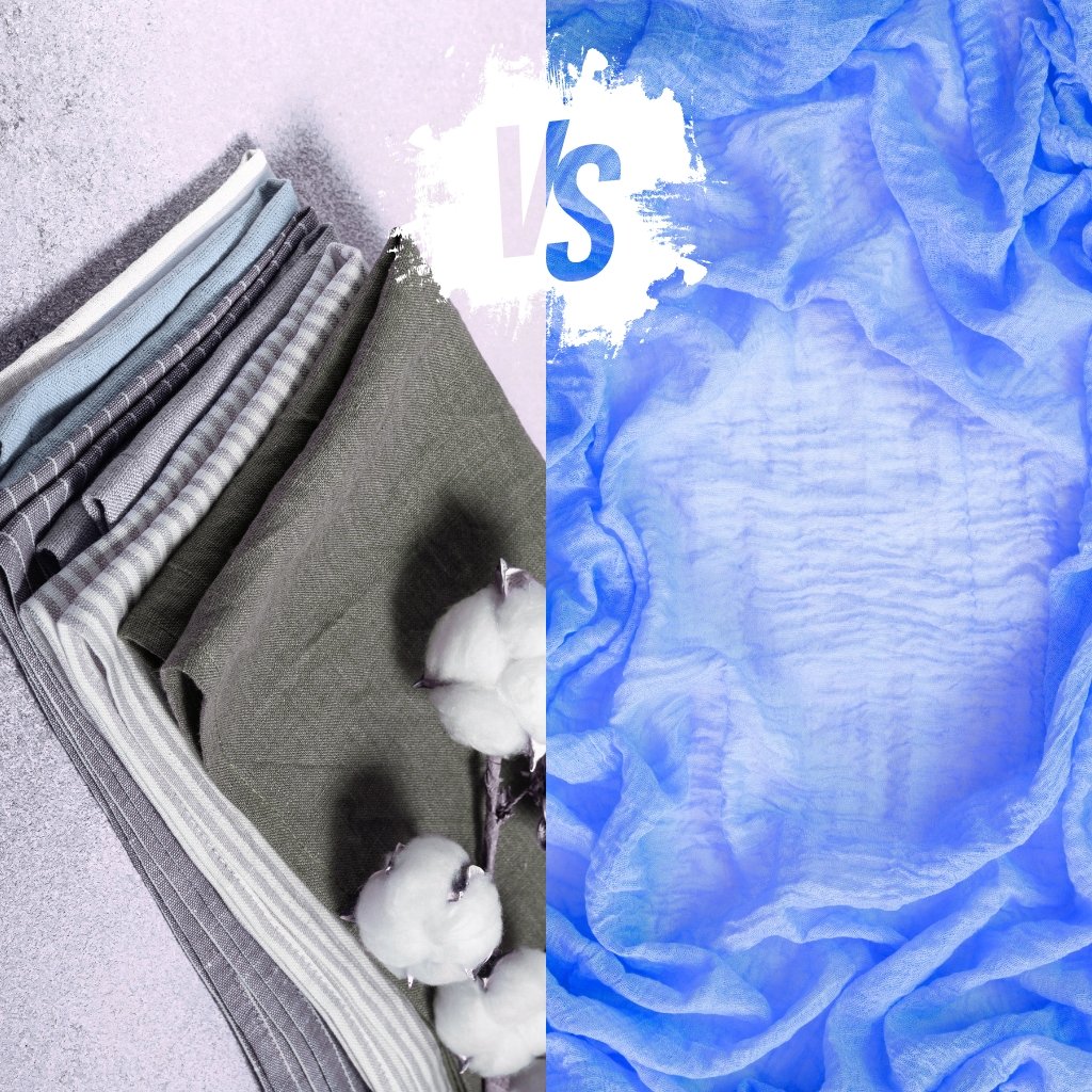 A split-image with left side showing folded gray and blue fabrics and white cotton bolls; right side features blue crumpled fabric with a white “VS” splash in the middle.