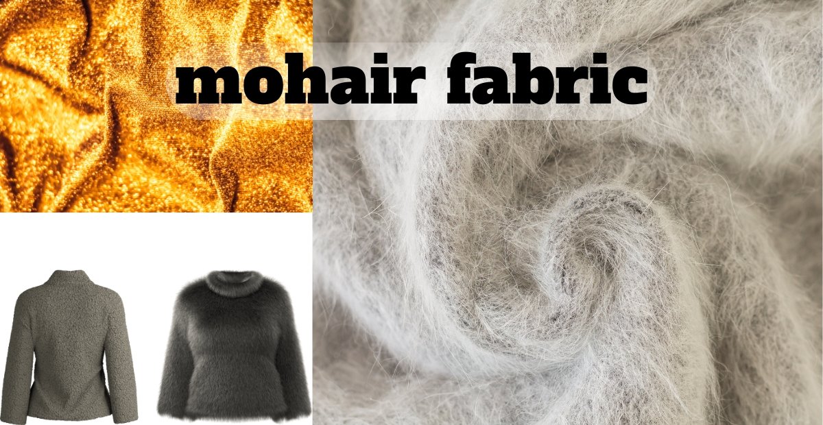 Collage of Mohair wool fabric textures: shimmering gold fabric, soft gray twisted fiber, and two sweaters (a taupe boucle jacket and a dark gray fluffy knit) with bold black text ‘mohair fabric’ across the top. mohair wool fabric