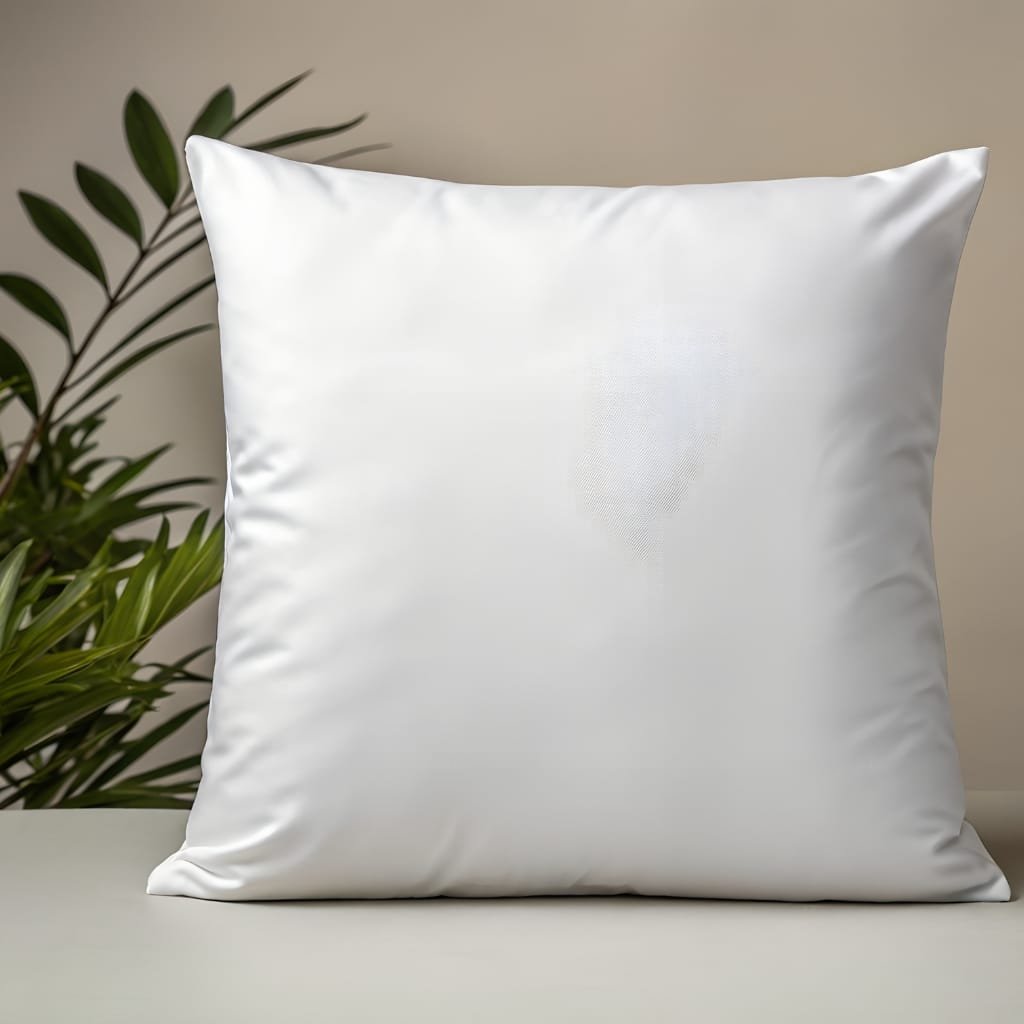 A white satin-looking throw pillow sits on a light surface, with a soft sheen and subtle shadow, while green plant leaves appear in the background. oxfard cotton fabric