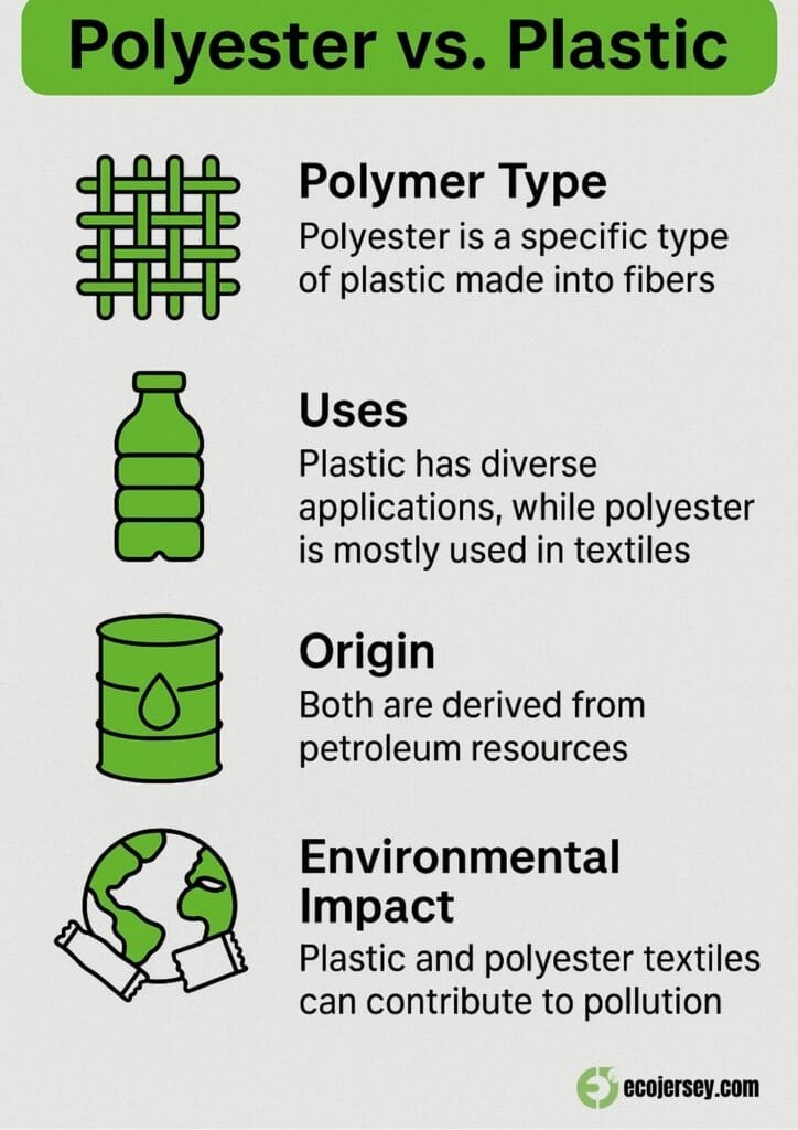 Comparison between polyester and plastic highlighting polymer type, uses, origin, and environmental impact.


