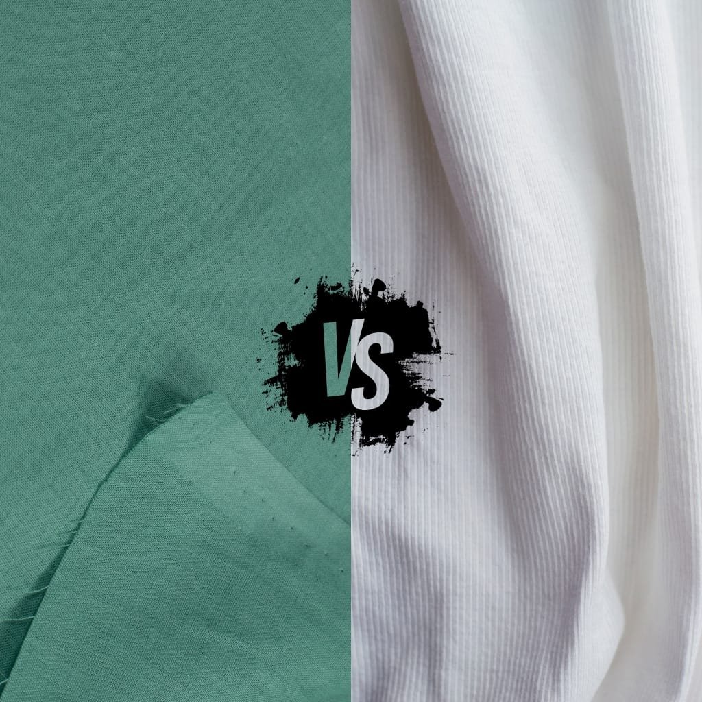 Split image showing teal-green fabric on the left and white fabric on the right with a black paint-splatter ‘VS’ graphic in the center.