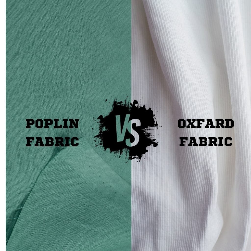 A split image comparing fabrics: green poplin fabric on the left and white Oxford fabric on the right, with a bold black 'VS' splash in the center. oxfard cotton fabric