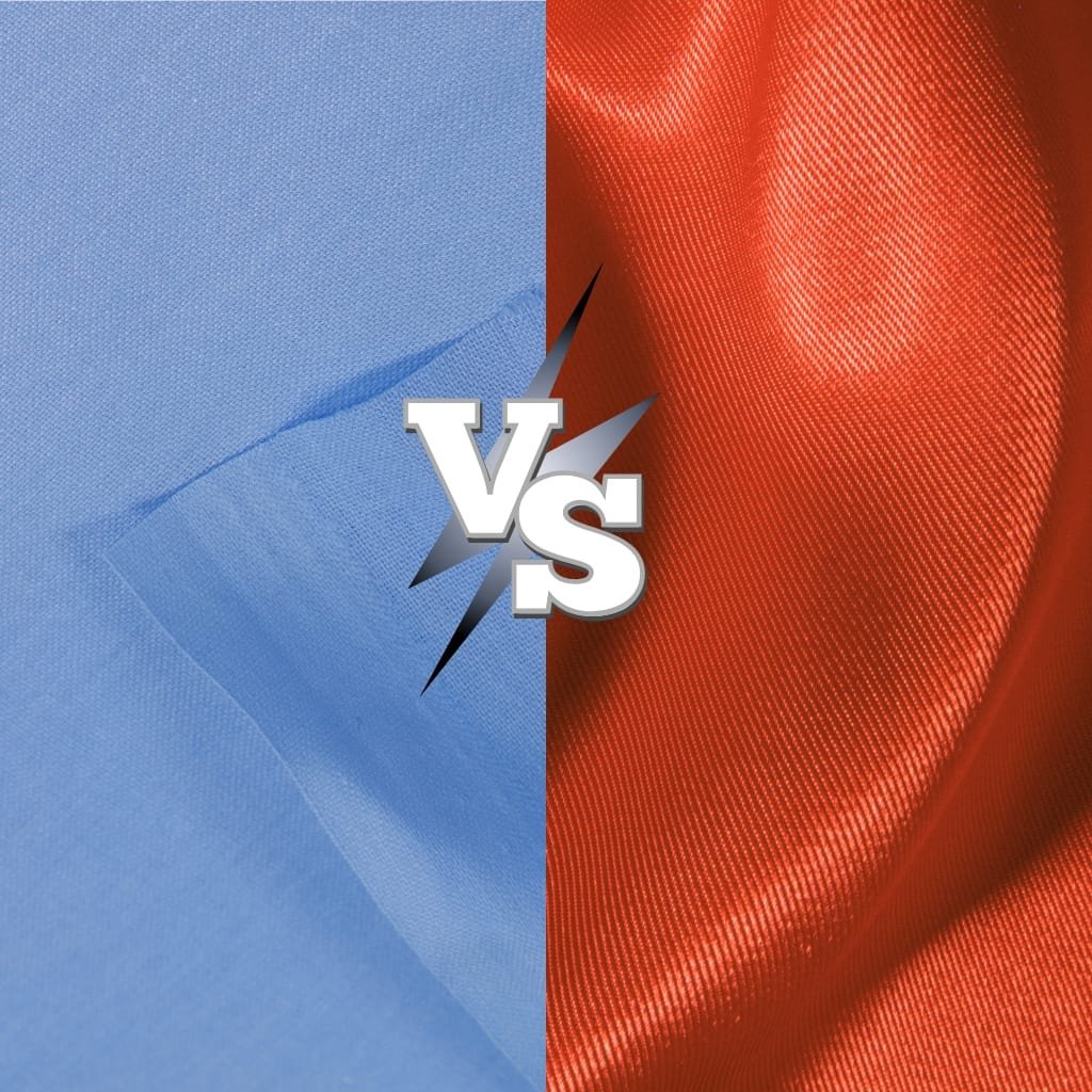 A split-image banner with blue fabric on the left and red satin fabric on the right, featuring a bold white ‘Vs’ with a blue lightning motif in the center.
