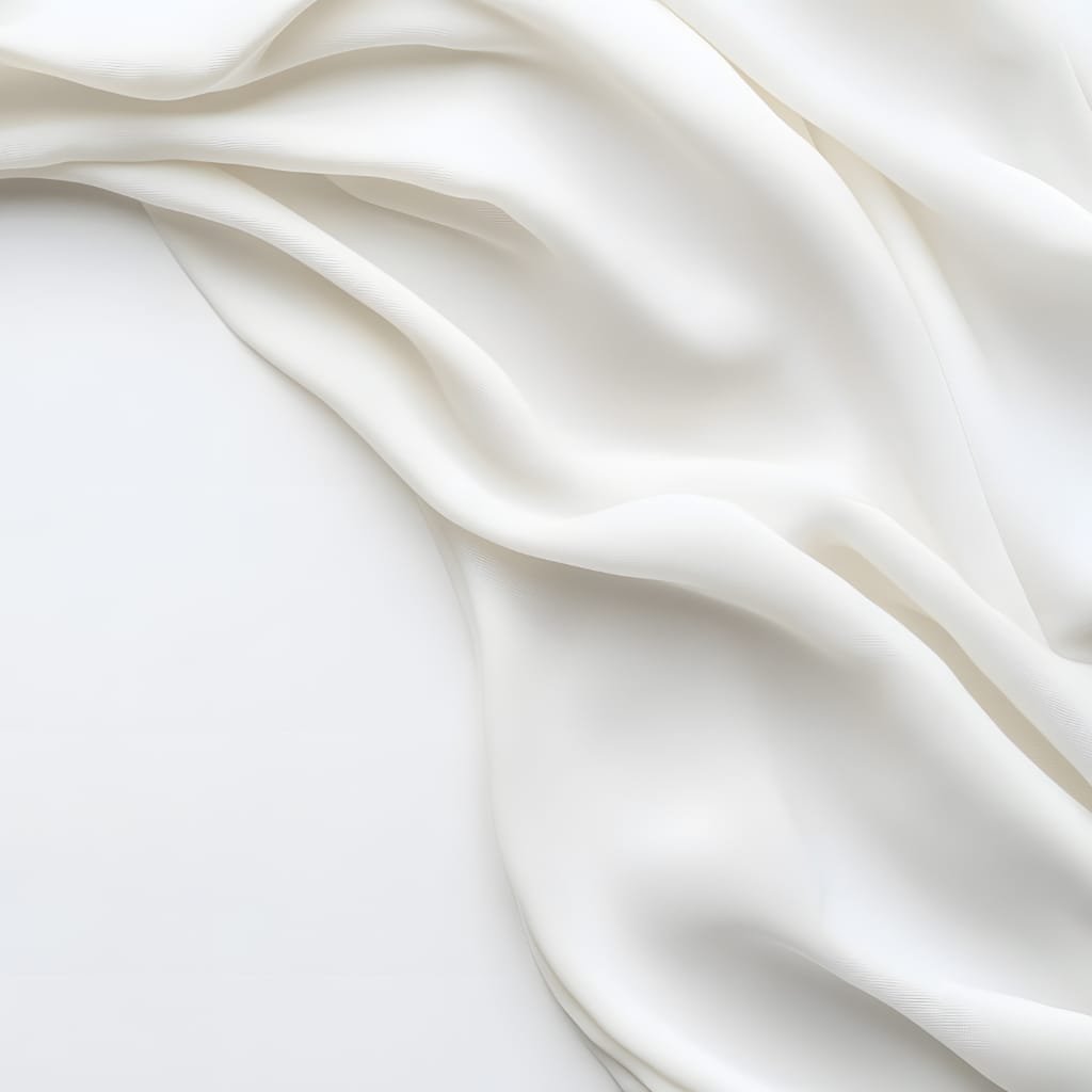 A close-up of smooth, white satin fabric with soft folds and gentle shadows.