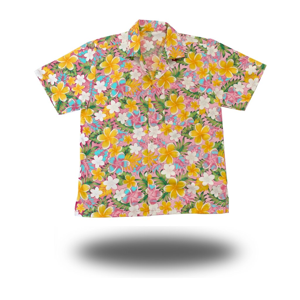 Bright Hawaiian shirt with pink background and a pattern of yellow, white, and purple flowers with green leaves.