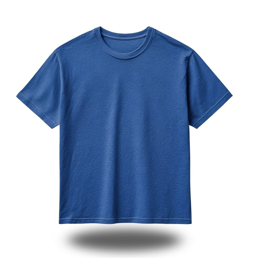 A plain blue T-shirt displayed against a white background, shown from the front with short sleeves and a ribbed crew neckline. jersey cotton fabric