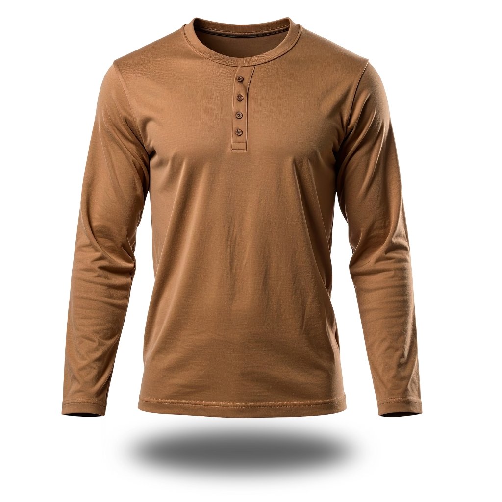 A plain brown long-sleeve Henley shirt displayed on a white background.
