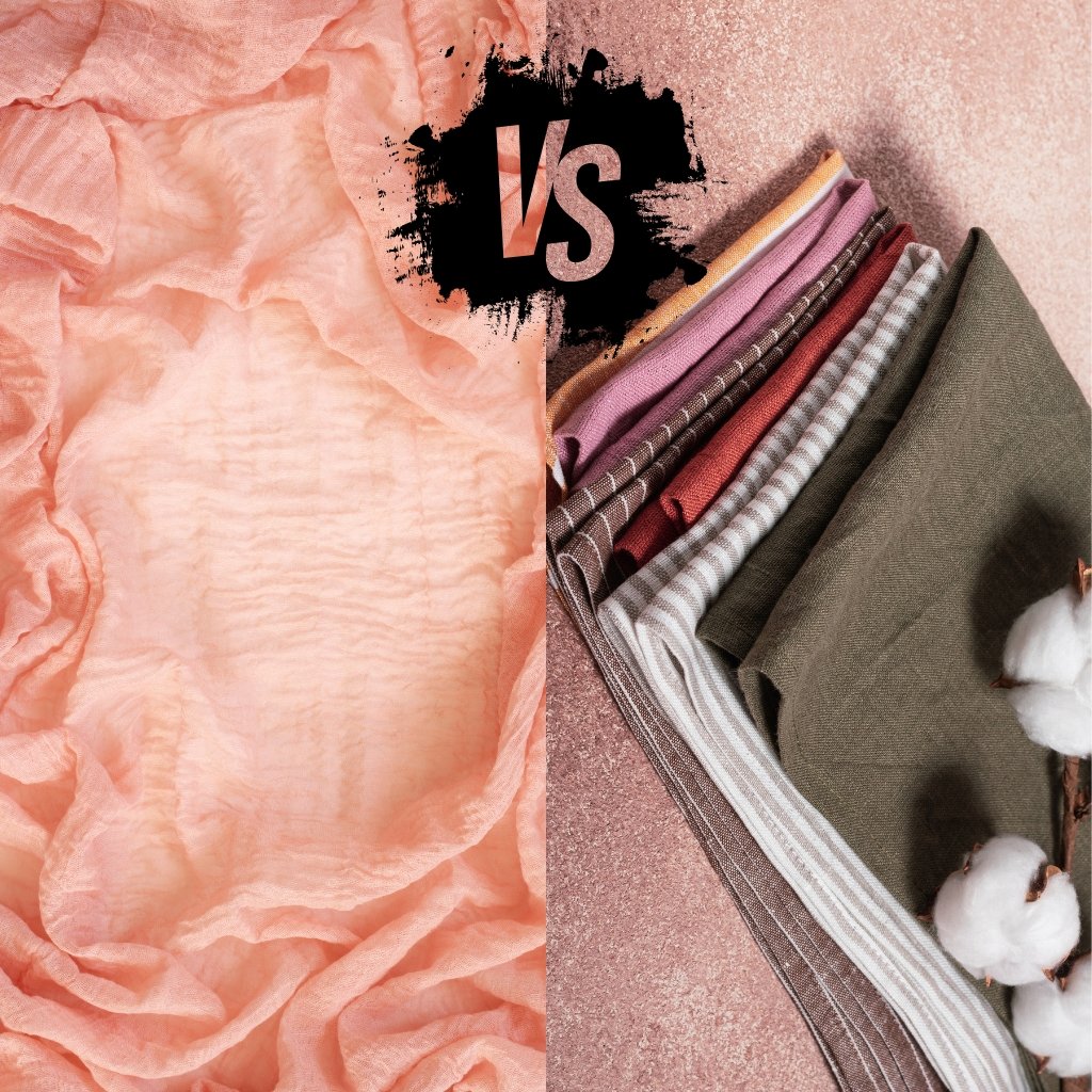 A split layout showing two fabric contrasts: on the left, soft peach-pink chiffon draped loosely; on the right, neatly folded textiles in neutral tones (khaki, beige, striped, and muted reds) with white cotton bolls, all set on a pink glittery background.

