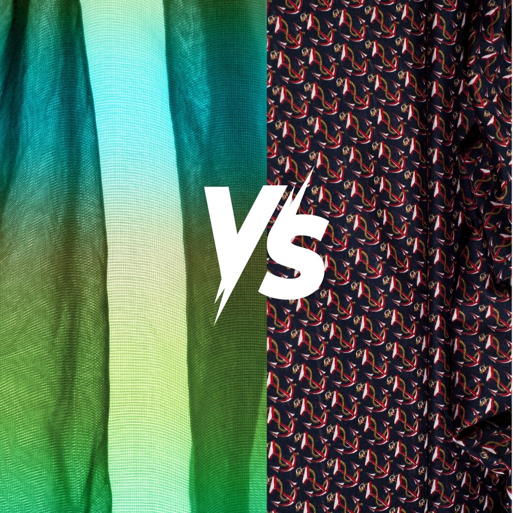 A split-image fabric comparison: left side green gradient fabrics, right side dark patterned fabric with red and white motifs, ‘VS’ in white text in the middle.