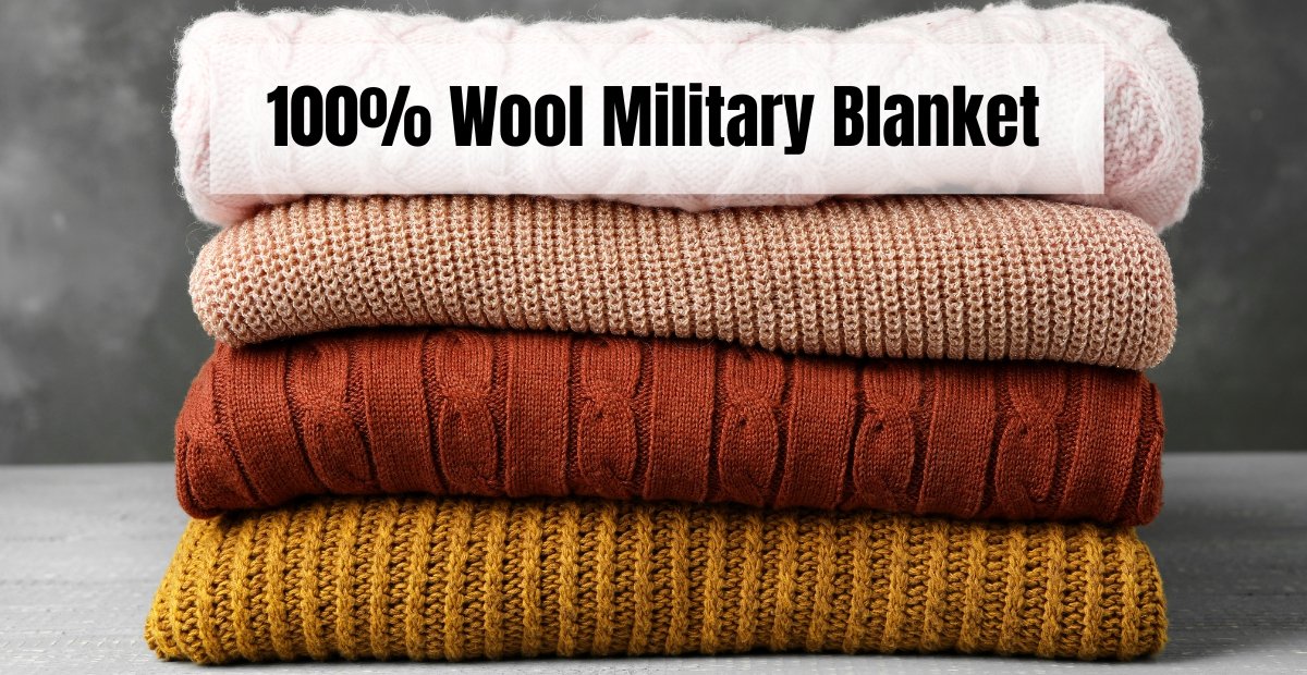 A neatly stacked pile of knitted wool blankets in four colors (pale pink, light brown, orange-brown, and mustard) resting on a gray surface with a plain dark backdrop. The top banner reads “100% Wool Military Blanket.