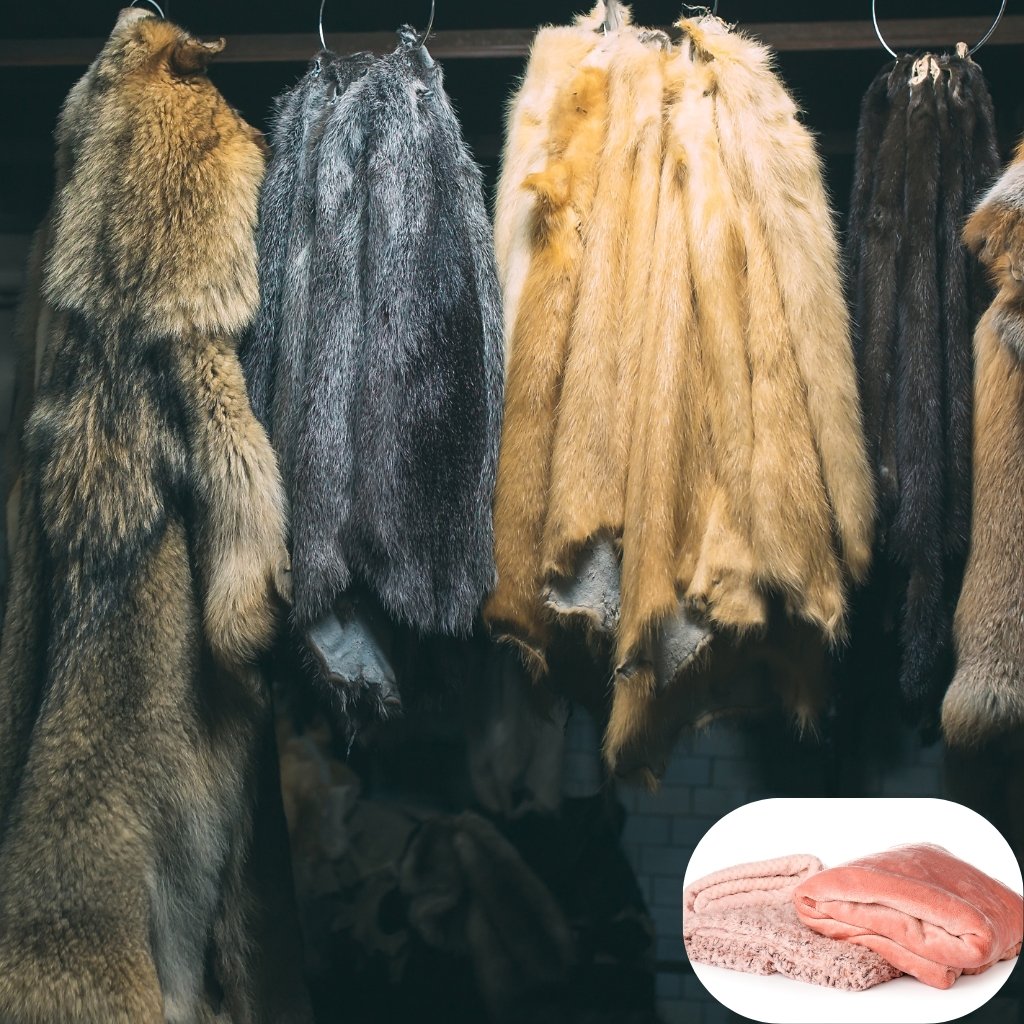 Sheep Wool Clothing: Natural Warmth and Timeless Style 10 A row of fur pelts hanging on display, varying in colors from light brown to dark gray. A small image inset at the bottom right shows pink meat or fish fillets on a white plate.