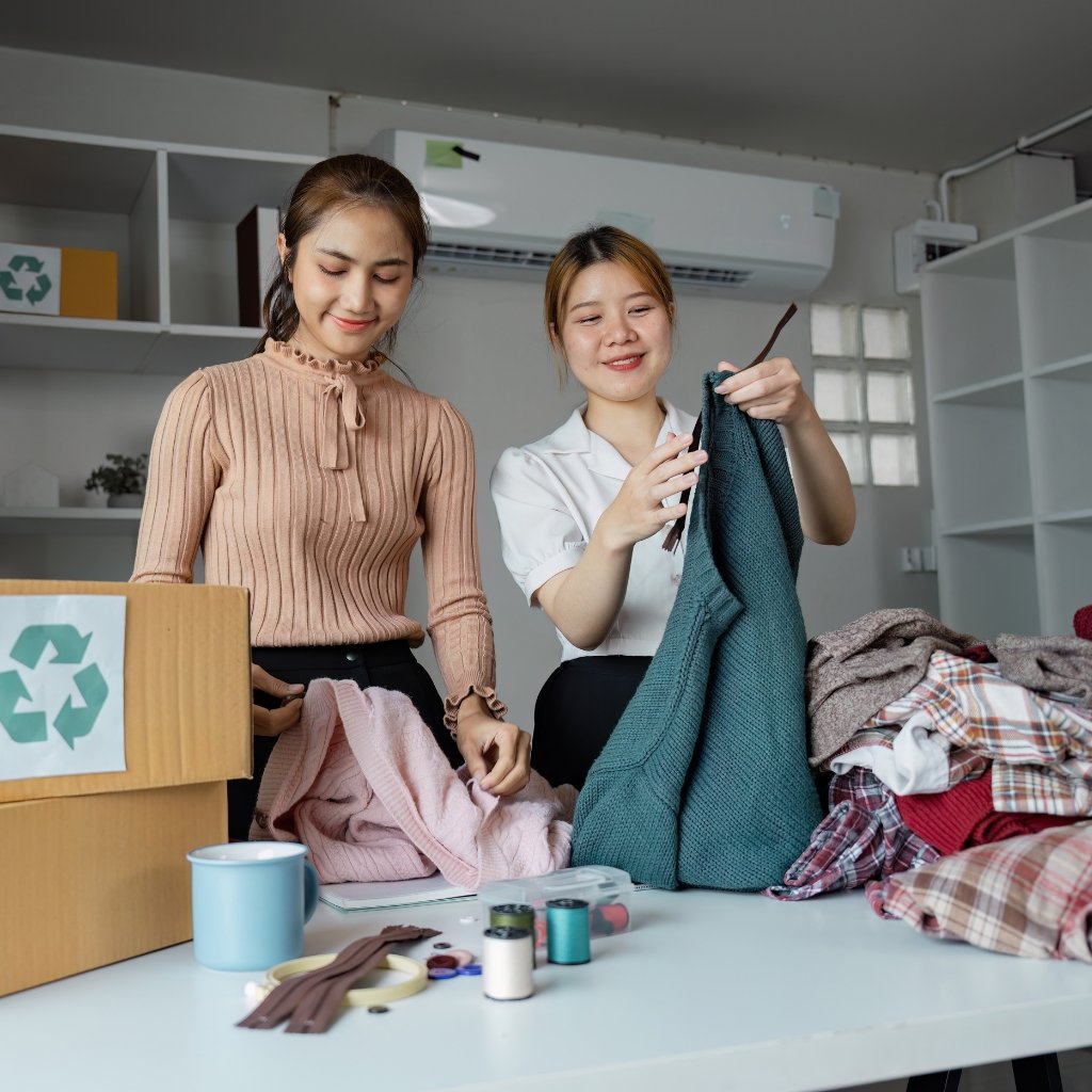 Two young women are sorting and inspecting clothes in a bright room. One wears a peach ribbed sweater and holds a pink garment, while the other in a white blouse shows a teal knit sweater. They stand next to a cardboard recycling box and a cluttered table with sewing supplies, fabric scraps, and mugs.