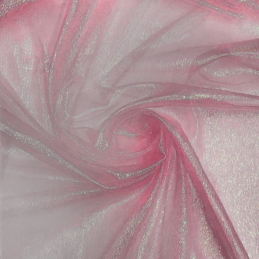 A close-up view of light pink, sheer fabric with a soft, flowing texture and delicate folds.
