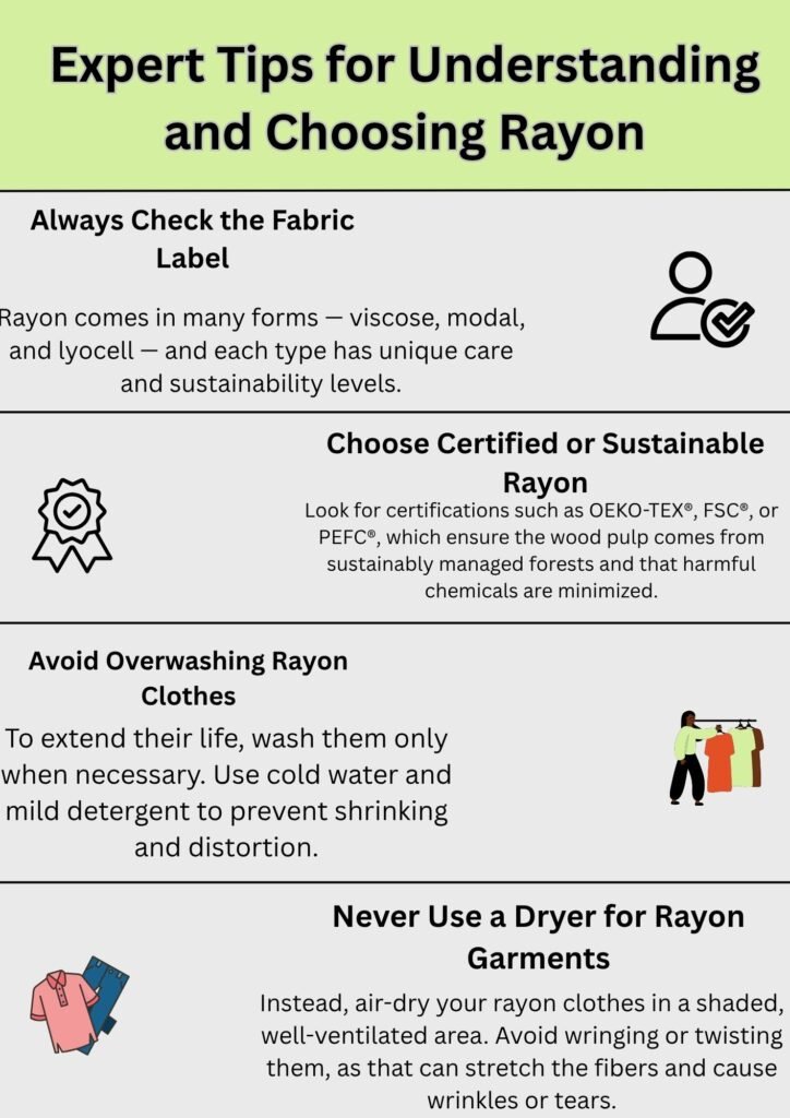 Alt Text:
Infographic titled "Expert Tips for Understanding and Choosing Rayon," offering guidance on checking fabric labels, choosing certified or sustainable rayon, avoiding overwashing, and never using a dryer for rayon garments.
Caption:
Expert advice on how to choose, care for, and maintain rayon fabrics to ensure longevity and sustainability.
Description:
This infographic provides helpful tips for understanding and choosing rayon fabrics responsibly. It emphasizes the importance of checking fabric labels to identify rayon types like viscose, modal, and lyocell. It also recommends selecting certified or sustainable rayon products with labels such as OEKO-TEX®, FSC®, or PEFC® to ensure eco-friendly sourcing. The guide advises avoiding overwashing by using cold water and mild detergent, and it warns against using a dryer—suggesting air-drying instead to prevent fabric damage and maintain the garment’s shape.
