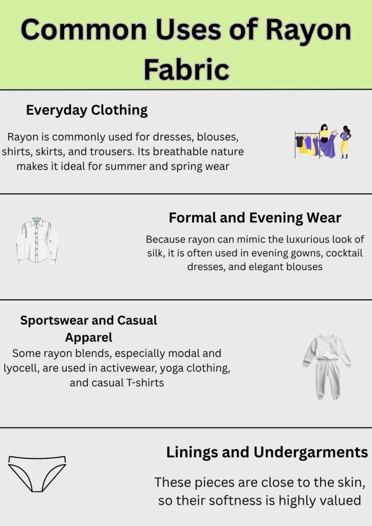 Alt Text:
Infographic titled "Common Uses of Rayon Fabric" showing different applications of rayon including everyday clothing, formal and evening wear, sportswear and casual apparel, and linings and undergarments, with related icons.
Caption:
Common uses of rayon fabric include everyday wear, formal attire, sportswear, casual clothing, and undergarments, highlighting its versatility and comfort.
Description:
The infographic presents the title “Common Uses of Rayon Fabric” on a green background. Below, it is divided into four sections: