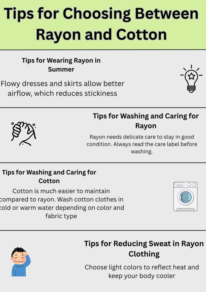 Alt Text:
Infographic titled "Tips for Choosing Between Rayon and Cotton" with advice on wearing rayon in summer, washing and caring for rayon and cotton, and reducing sweat in rayon clothing.
Caption:
Tips for choosing between rayon and cotton clothing, including care instructions, summer wear guidance, and ways to stay cool.
Description:
This infographic provides helpful tips for deciding between rayon and cotton fabrics. It explains that flowy rayon dresses and skirts are best for summer to allow airflow, but rayon requires delicate washing and care. Cotton, on the other hand, is easier to maintain and can be washed in cold or warm water depending on the fabric type. It also suggests choosing light-colored rayon clothing to reduce sweat and stay cooler in hot weather.