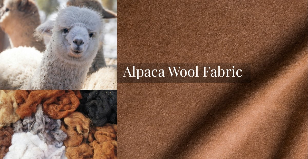 Collage featuring an alpaca, a pile of assorted alpaca wool fibers, and brown alpaca wool fabric with a diagonal fold. Text 'Alpaca Wool Fabric' across the fabric section.
