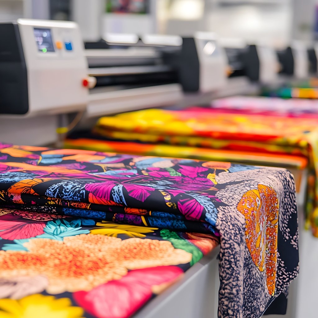 Close-up of vibrant, multicolored textiles with floral and abstract patterns draped over a printing machine in a textile workshop.