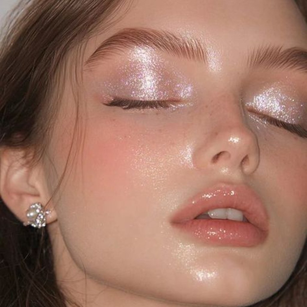 A close-up of a young woman with dewy makeup and pink-rose lips, eyes closed, showcasing shimmery pink eyeshadow, glossy lips, and sparkling earrings.