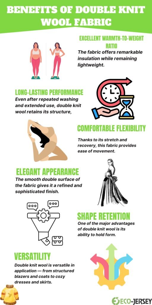 Infographic titled 'Benefits of Double Knit Wool Fabric' with icons and short descriptions about warmth, insulation, flexibility, appearance, retention, versatility, and long-lasting performance.