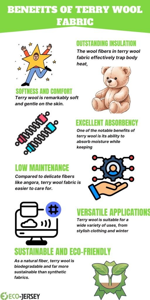 Colorful infographic titled 'Benefits of Terry Wool Fabric' with illustrations of a dancing star, a teddy bear, stacked fabric tubes, a gear and hand, a sewing machine, a plant sprouting from leaves, and green headings describing benefits such as insulation, softness, absorbency, low maintenance, versatile applications, and eco-friendliness.