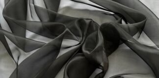 Black Organza Fabric: A Timeless Choice for Stylish Outfits Soft, flowing black and gray sheer fabric draped and twisted
