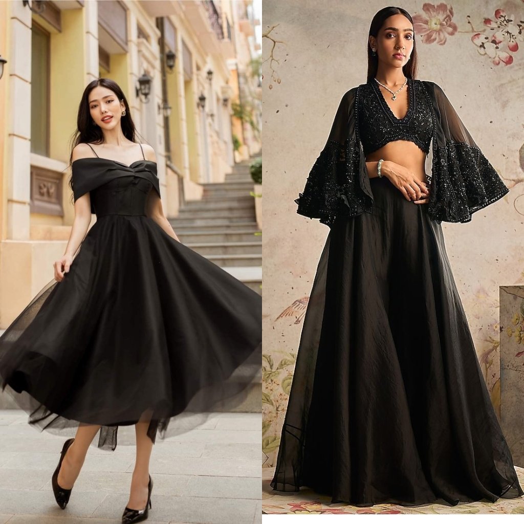 Black Organza Fabric: A Timeless Choice for Stylish Outfits 17 Two women wearing elegant black gowns walking and posing outdoors: one in a knee-length off-the-shoulder dress with a full tulle skirt, the other in a long, floor-length black gown with a beaded crop top and dramatic sheer bell sleeves.