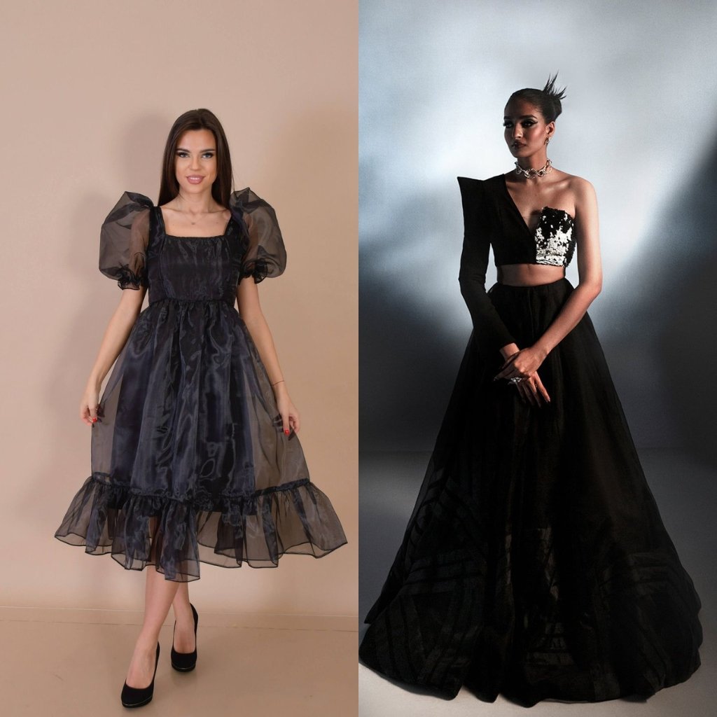 Black Organza Fabric: A Timeless Choice for Stylish Outfits 14 Two women wearing black evening dresses: left side a woman in a knee-length dress with puff sleeves and sheer overlay; right side a woman in a long, asymmetrical black gown with one-shoulder design and sequined bodice