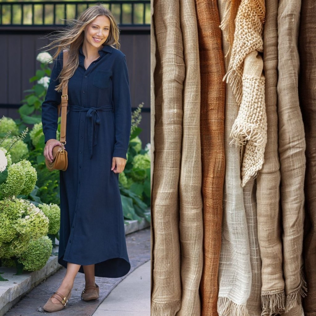 Left side: "Woman in a navy button-down, long dress with a tied waist, tan sandals, and a tan crossbody bag walking in a garden."
Right side: "Rows of woven fabrics in natural earthy tones—from beige to taupe and light brown—hanging and folded to show their textures.