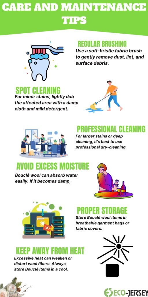 Infographic titled Care and Maintenance Tips for Bouclé Wool Fabric, with icons for brushing, spot cleaning, professional cleaning, moisture avoidance, proper storage, heat protection, and keep away from heat. Includes small illustrations and green headings.
