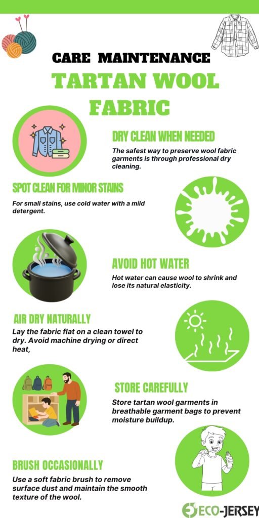 An informational infographic about care maintenance for tartan wool fabric. Includes bold headings such as “CARE MAINTENANCE” and “TARTAN WOOL FABRIC” with green and pink circular icons illustrating care steps: spot cleaning, avoiding hot water, air drying, washing guidance, storage tips, brushing, and professional dry cleaning. Text blocks describe methods like cold water spot cleaning, using a mild detergent, laying flat to dry, and storing in breathable garment bags. Cartoon-style illustrations accompany each tip.