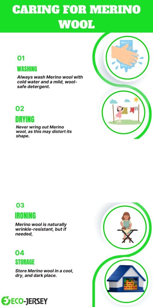 Infographic titled 'Caring for Merino Wool' with four numbered sections: 01 Washing, 02 Drying, 03 Ironing, 04 Storage. Each section has green section headings, short descriptive text, and circular illustrations of washing hands, laundry on a line, a person ironing, and a blue house icon. Brand logo 'Eco-Jersey' at the bottom left.