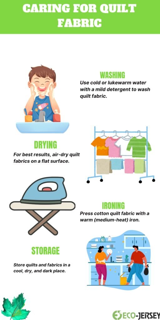 Infographic about caring for quilt fabric with illustrations: washing, drying, ironing, storage, and ironing sections; images include a child washing, clothes drying rack, iron on board, storage icons, and a kitchen scene.
