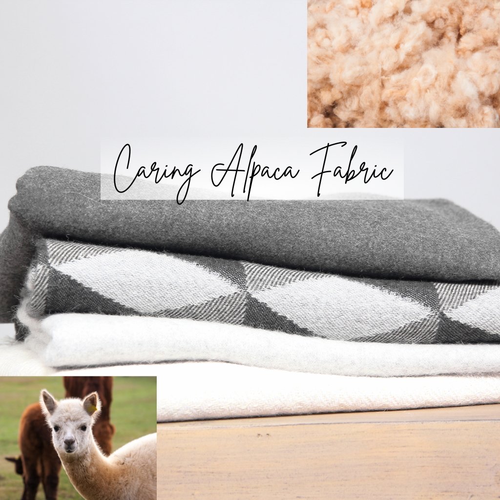 Stacks of gray and plaid wool fabrics with an alpaca image in the corner and a small fluffy textured swatch above.