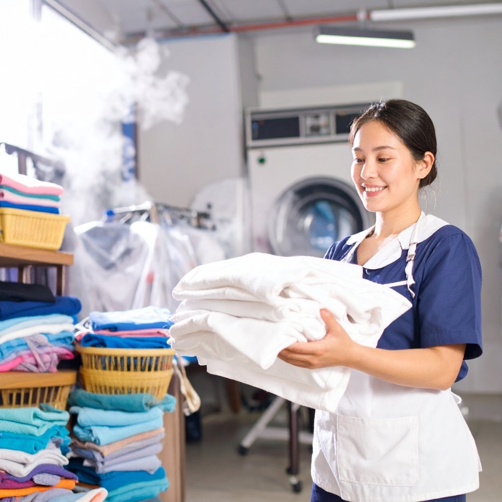 A smiling woman in a navy uniform folding a white bedsheet in a laundry room. She stands beside shelves of folded towels and laundry baskets, with a washing machine in the background.
