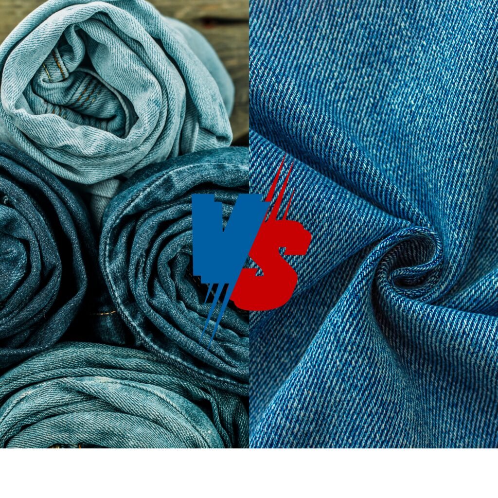 A split collage showing rolled light and dark denim fabrics on the left and a close-up of blue denim on the right, with a bold “VS” graphic overlay in the center.
