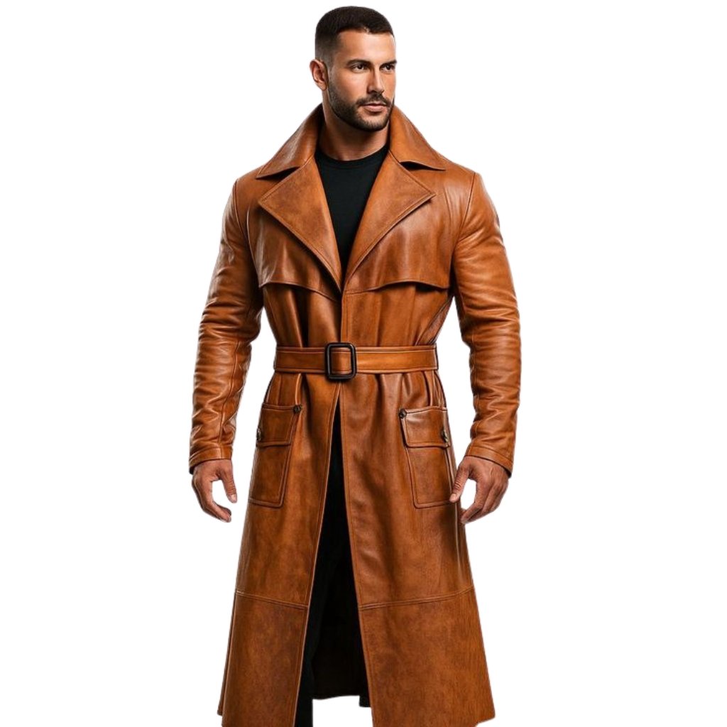 A man wearing a long, tan-brown leather duster coat with wide lapels, a belt at the waist, and large patch pockets, standing against a white background.