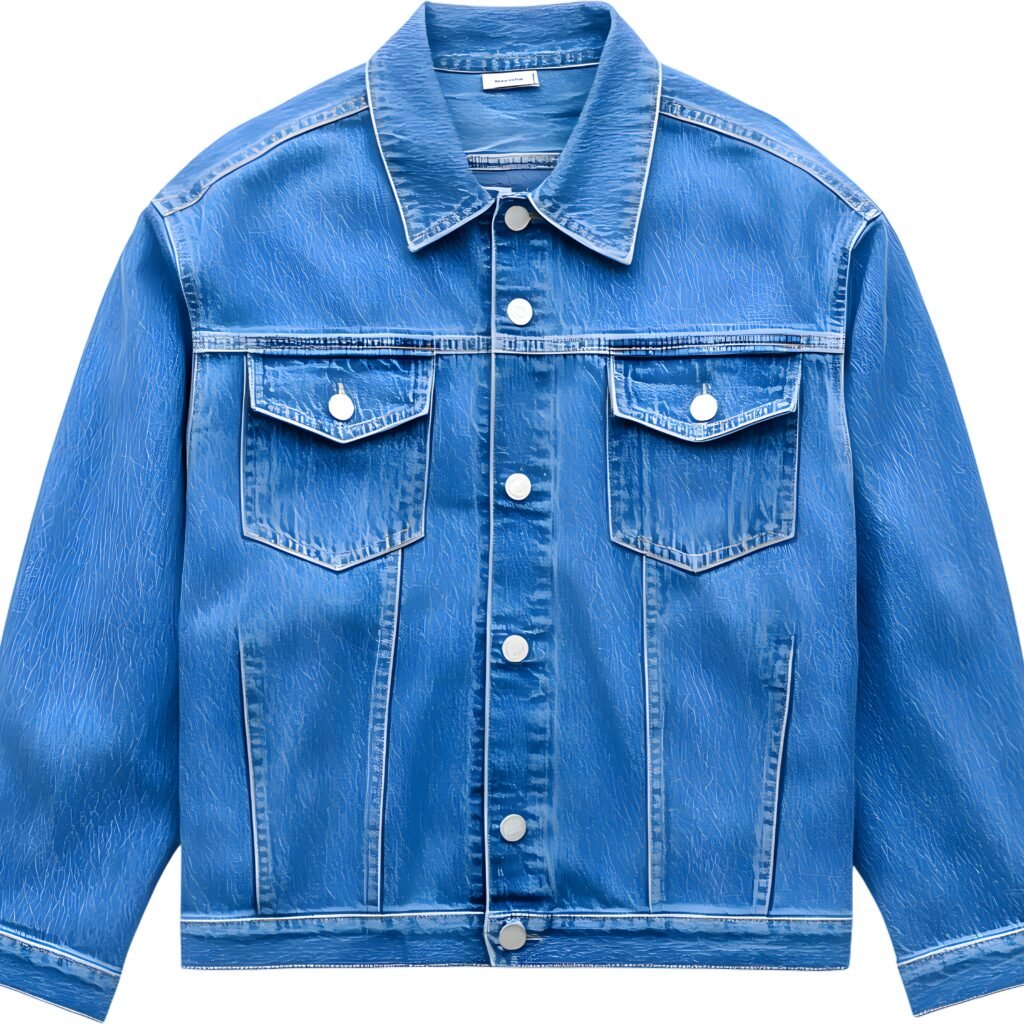 Alt text: A blue denim jacket with a classic trucker style, featuring two chest pockets with flaps, white buttons, and reinforced white stitching along seams.

