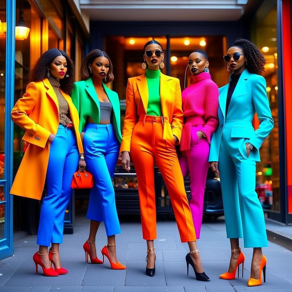 Five stylish women standing in a row wearing bold, color-blocked outfits in bright orange, yellow, green, blue, pink, and turquoise; each outfit is paired with matching high heels and chic accessories.