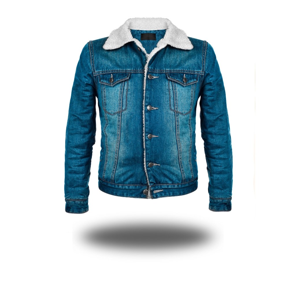 A blue denim jacket with a white sherpa collar and metal buttons, displayed against a white background.