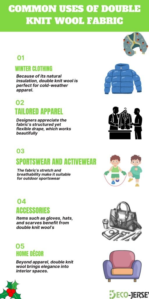 Infographic listing common uses of double knit wool fabric with green headings: 01 Winter Clothing, 02 Tailored Apparel, 03 Sportswear and Activewear, 04 Accessories, 05 Home Décor; includes small illustrations of clothing items and accessories.
