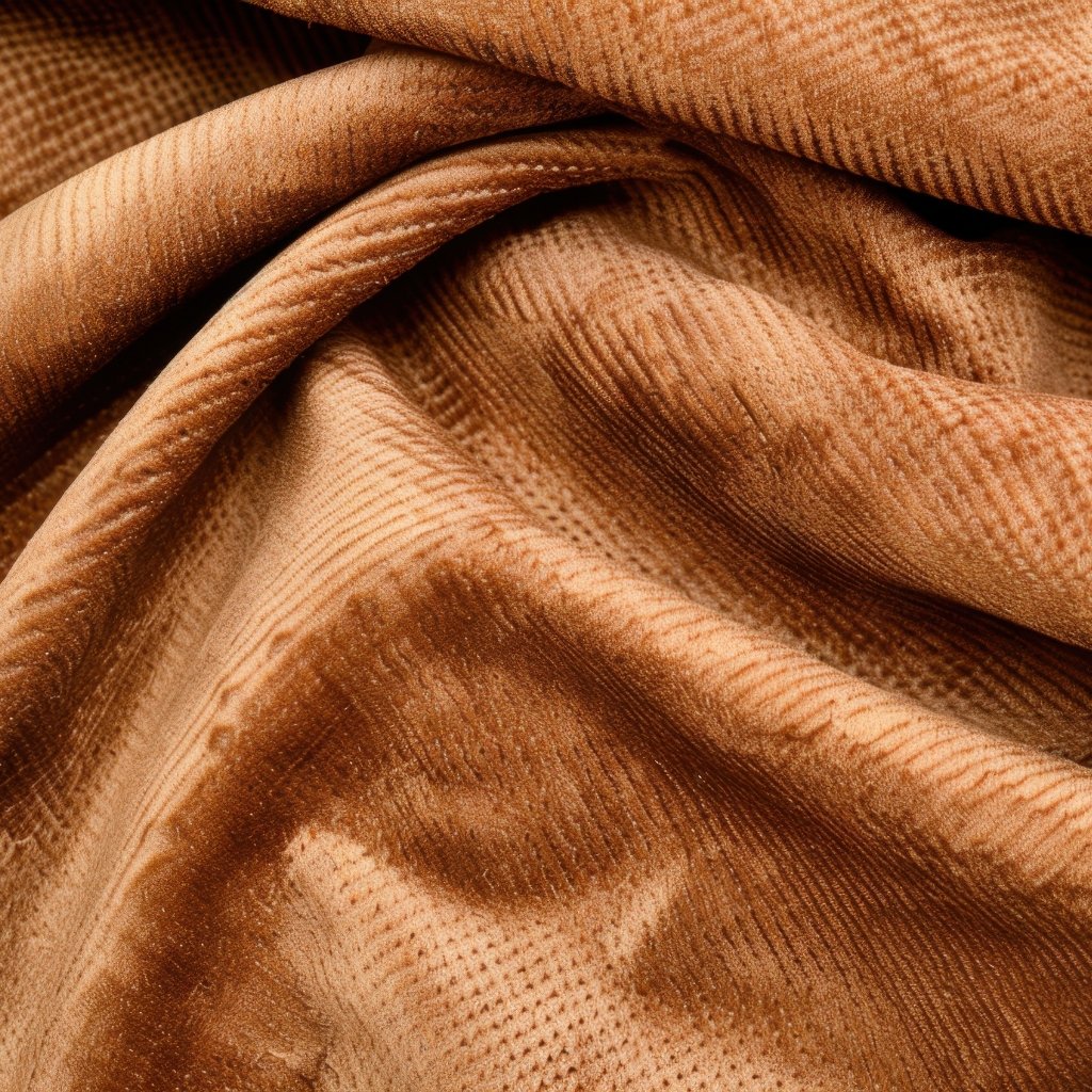 Close-up view of soft peach-colored velvet fabric with subtle diagonal ribbed texture and folds.