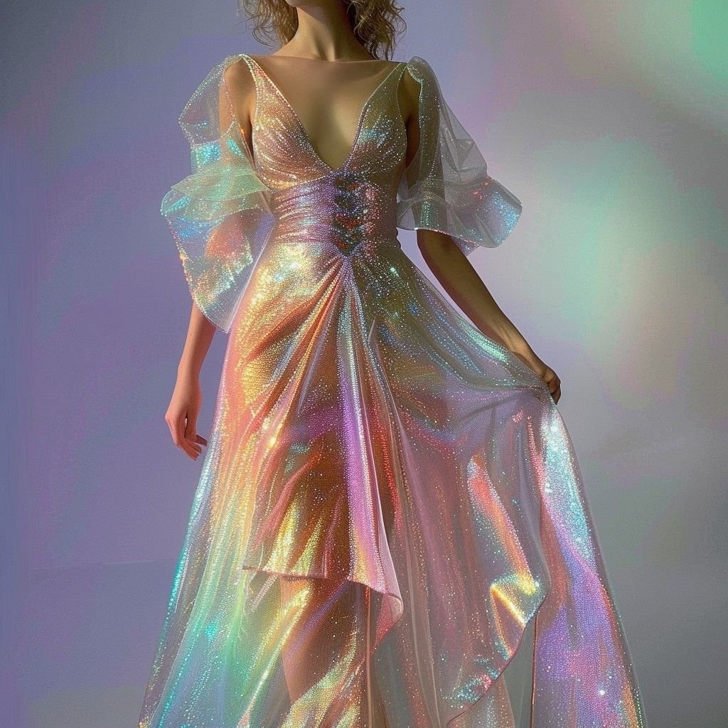 A person wearing a shimmering iridescent gown with a deep V-neck, structured bodice, and dramatic sheer puff sleeves. The dress drapes into a flowing, multicolored metallic skirt that catches the light.