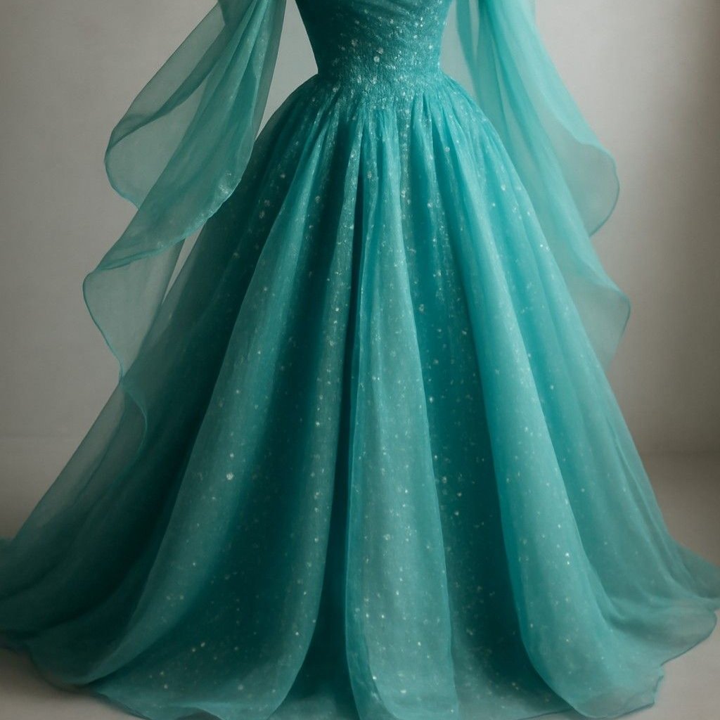 A floor-length turquoise evening gown made of flowing, sheer fabric with glittery polka dots. The dress features a fitted, embellished bodice and voluminous skirt with draped chiffon layers.
