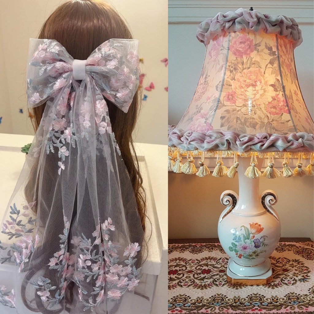 Left image: “Back view of a young girl wearing a sheer gray veil with pink floral embroidery tied into a large bow at the crown.”
Right image: “Decorative floral lamp with a pastel pink shade edged with ruffles and tassels, sitting on a patterned tablecloth