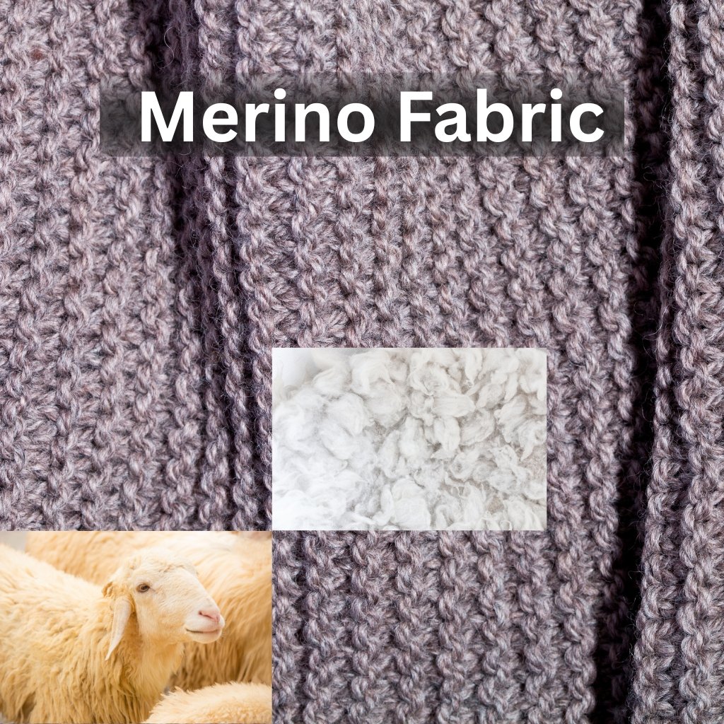 A close-up view of soft, chunky merino wool fabric in a muted lavender-gray color, showing thick knitted stitches. In the lower left, a small collage tile features creamy white merino fiber and a light-colored sheep, highlighting the natural source. The words "Merino Fabric" appear across the top in bold letters.