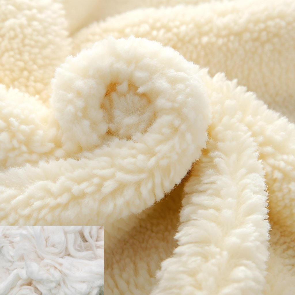 A close-up shot of soft, cream-colored shearling wool fabric with a fluffy, curly texture. The fabric is rolled into a spiral, showcasing its thick, plush interior and fuzzy surface.