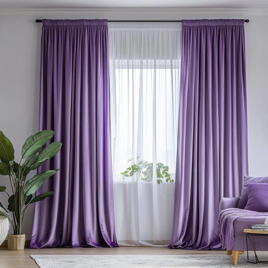 Purple velvet curtains framing a sheer white drape over a window.