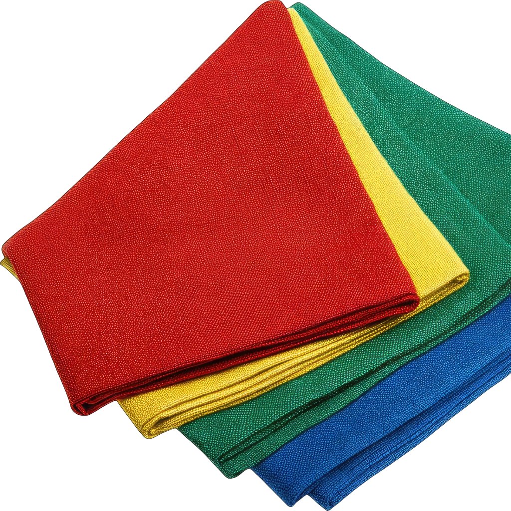  A stack of folded colored fabrics in red, yellow, green, and blue arranged diagonally.

