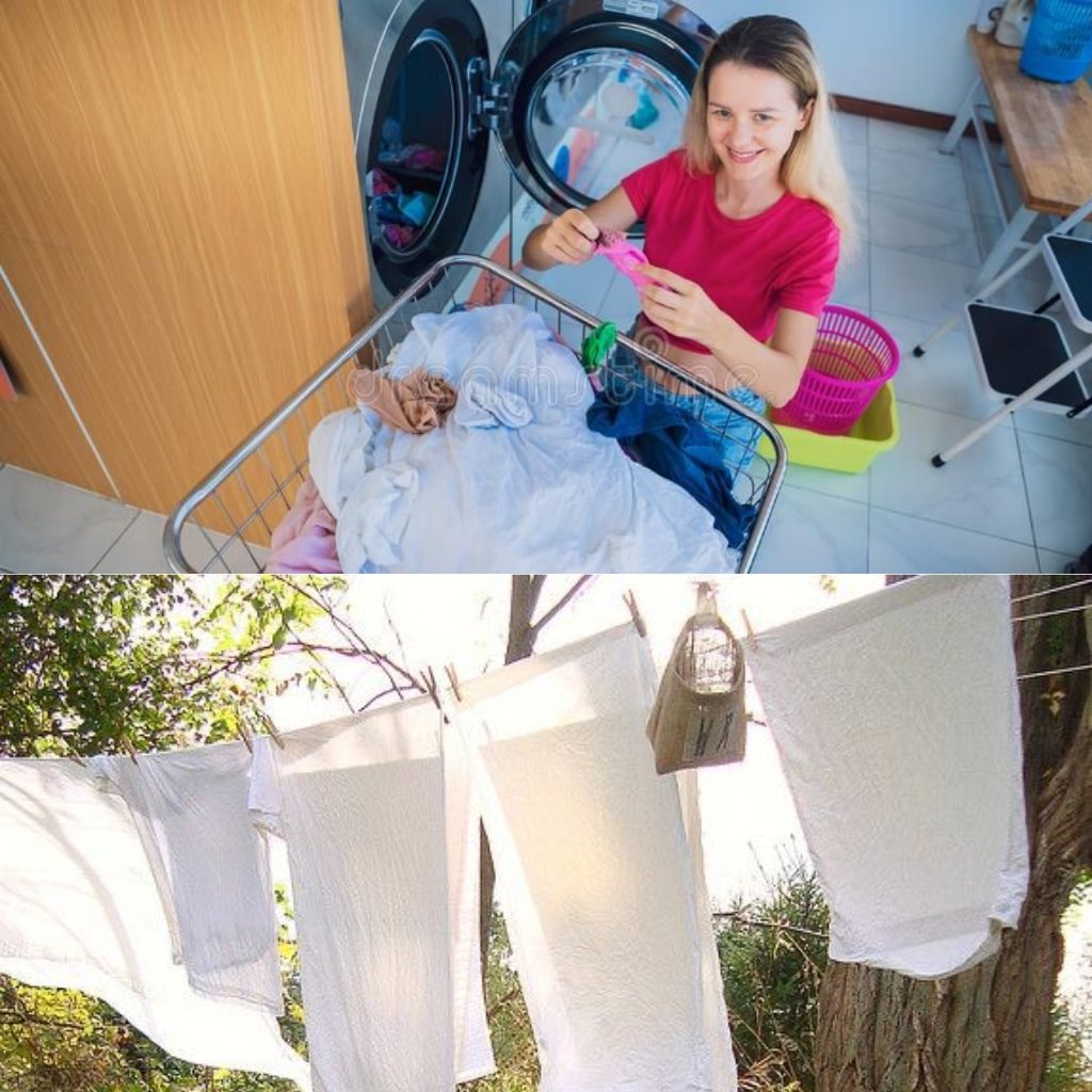 A smiling woman loads laundry into a front-loading washing machine in a bright laundry room. A laundry basket filled with clothes sits nearby.